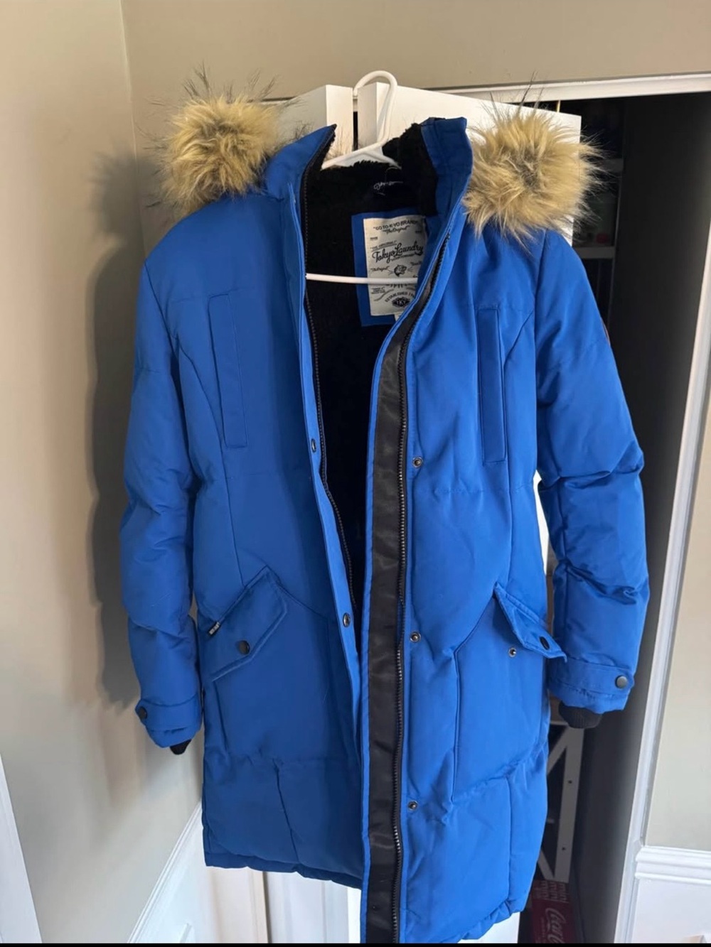 Laundry By Shelli Segal Royal Blue Faux-Fur Trim Puffer Coat